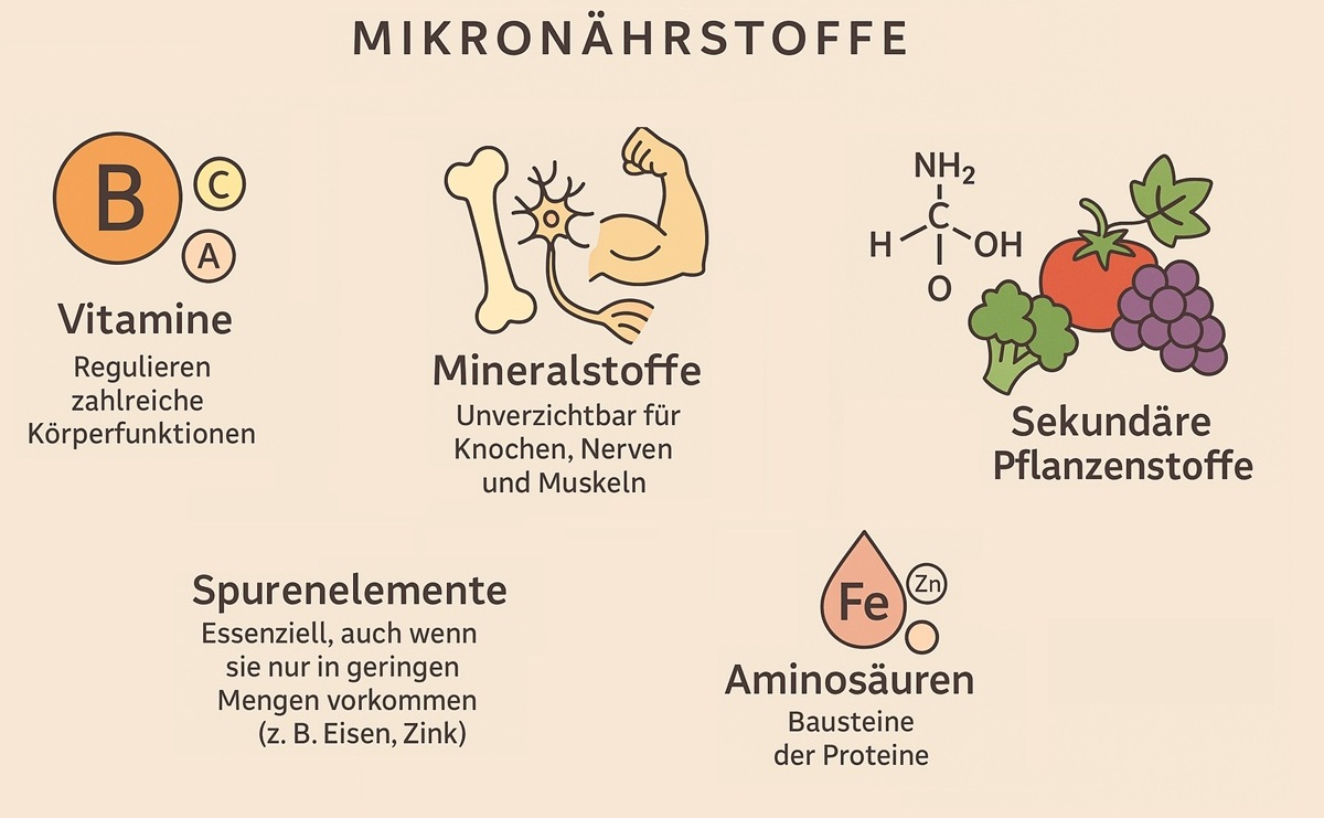 Illustration zu Vitamine, Mineralstoffe & Spurenelemente sind klein, aber lebenswichtig für Stoffwechsel und Zellfunktionen