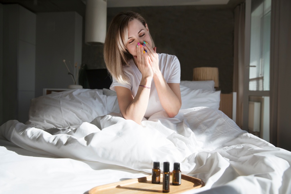 Junge-Frau-Bett-ätherische-Öle
